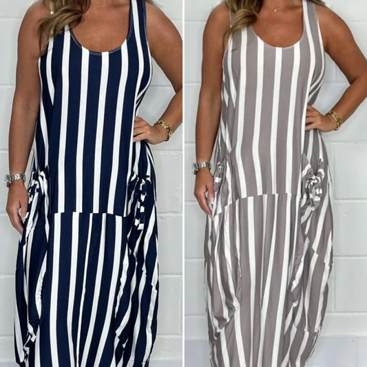 🔥2025 Neue Produkte Rabatt - 49%🔥👗Übergroßes Kleid mit Streifen, Bindegürtel und Tasche vorne