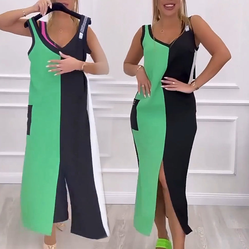 💃50 % Rabatt 🥰Ärmelloses Strickkleid mit V-Ausschnitt und Farbblock🌸