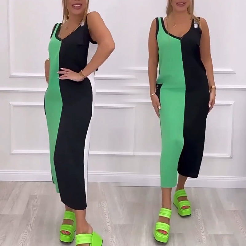 💃50 % Rabatt 🥰Ärmelloses Strickkleid mit V-Ausschnitt und Farbblock🌸