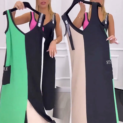 💃50 % Rabatt 🥰Ärmelloses Strickkleid mit V-Ausschnitt und Farbblock🌸