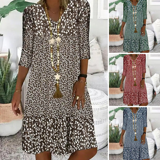 🌸Frühjahr/Sommer-Sale - 50% Rabatt🌸💃Modisches Damenkleid mit Print, V-Ausschnitt und halblangen Ärmeln