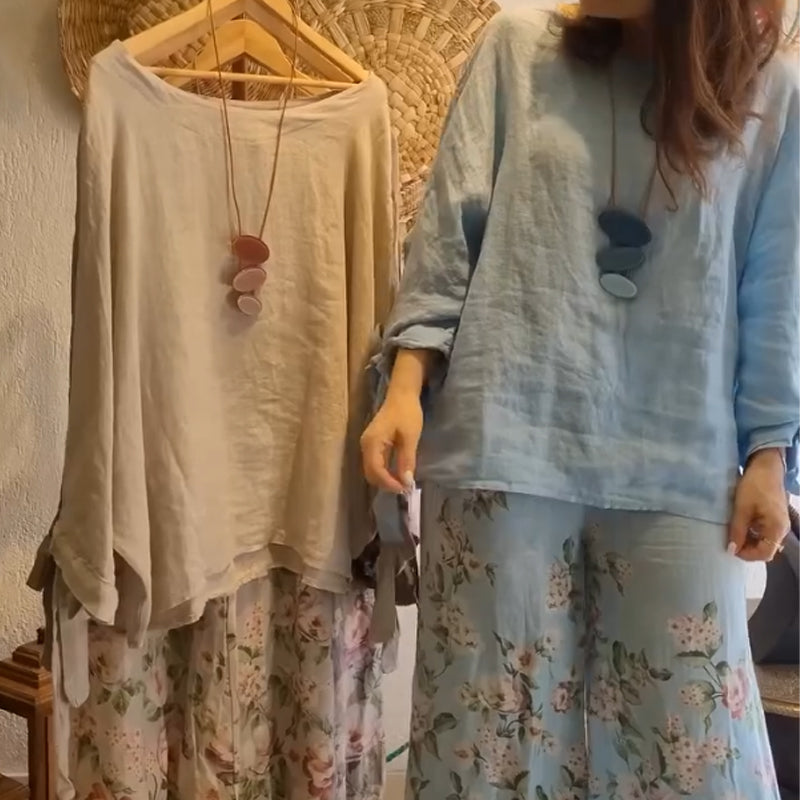 🌸Lose Fit Blouse & Blumengedruckte mit weiten Beinhosen Set mit weitem Bein