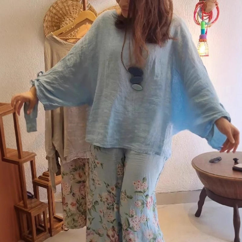 🌸Lose Fit Blouse & Blumengedruckte mit weiten Beinhosen Set mit weitem Bein