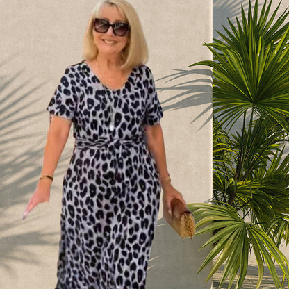 🔥Damenkleid mit Leopardenmuster und V-Ausschnitt– Verstellbarer Bund & 4 Jahreszeiten