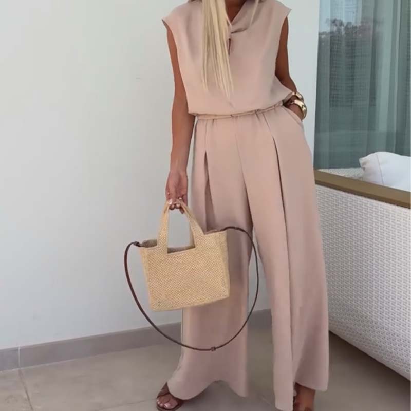 🔥👗2-teiliges Set aus ärmellosen Oberteilen mit V-Ausschnitt und lockeren Hosen