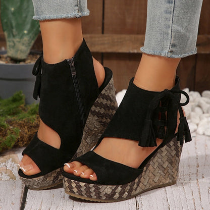 🔥Sommer Hot Sale-50% Off🩷Frauen Quaste offene Zehe Plattform Keil Sandalen
