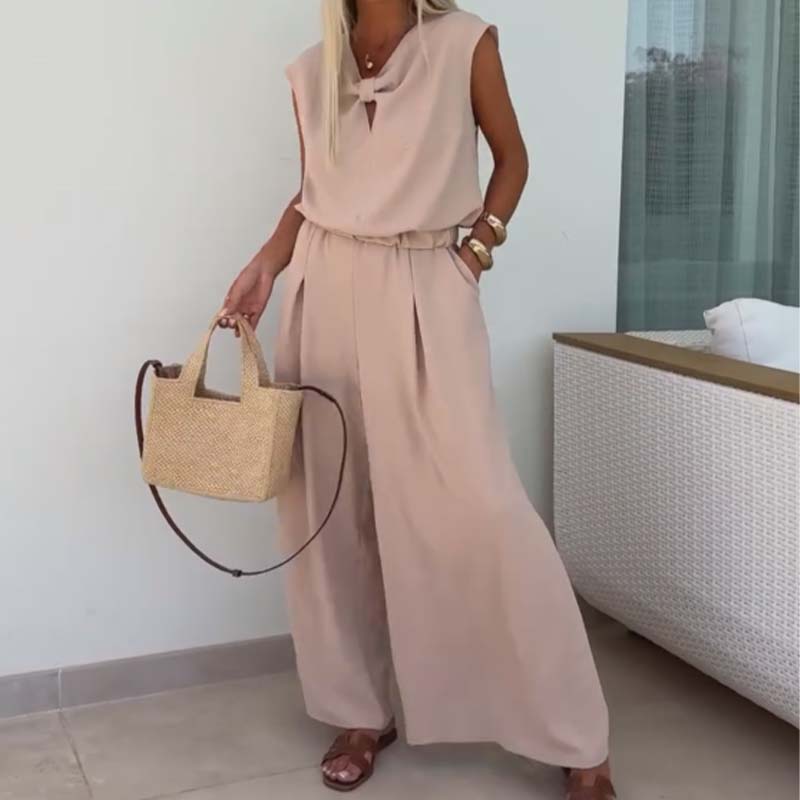 🔥👗2-teiliges Set aus ärmellosen Oberteilen mit V-Ausschnitt und lockeren Hosen