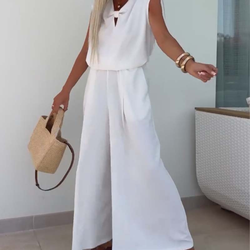 🔥👗2-teiliges Set aus ärmellosen Oberteilen mit V-Ausschnitt und lockeren Hosen