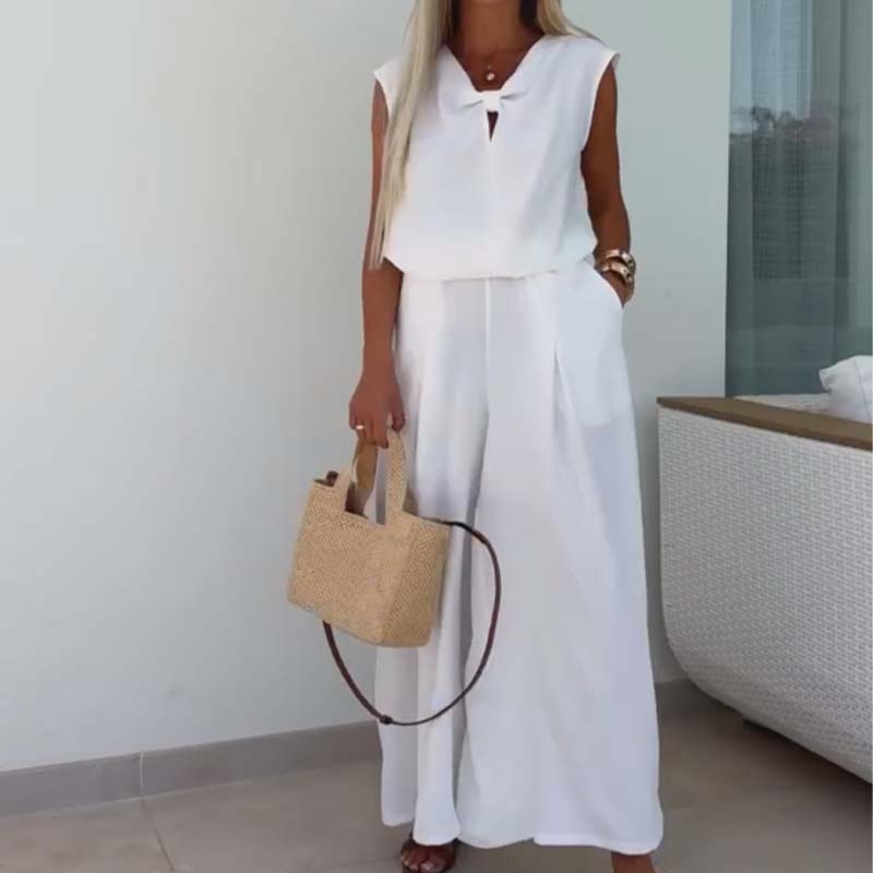 🔥👗2-teiliges Set aus ärmellosen Oberteilen mit V-Ausschnitt und lockeren Hosen