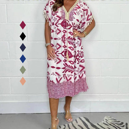 🏆🌸Letzter Tag 49 % RABATT✨Lose bedrucktes Kleid mit kurzen Ärmeln und Fransen im Boho-Stil