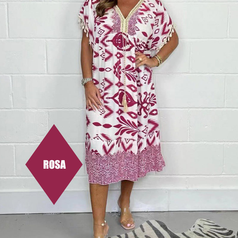 🏆🌸Letzter Tag 49 % RABATT✨Lose bedrucktes Kleid mit kurzen Ärmeln und Fransen im Boho-Stil