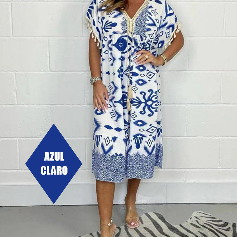 🏆🌸Letzter Tag 49 % RABATT✨Lose bedrucktes Kleid mit kurzen Ärmeln und Fransen im Boho-Stil