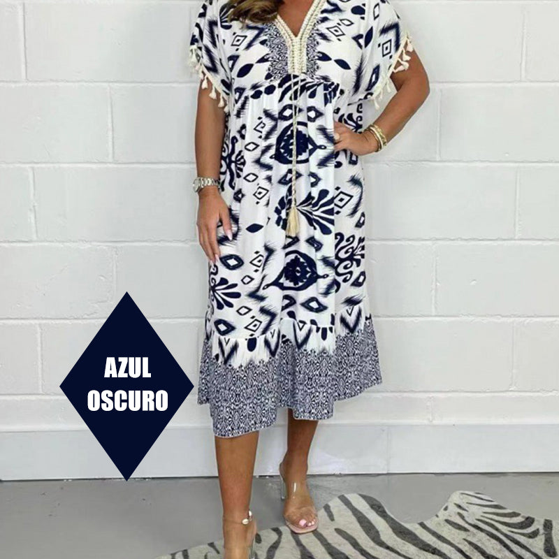 🏆🌸Letzter Tag 49 % RABATT✨Lose bedrucktes Kleid mit kurzen Ärmeln und Fransen im Boho-Stil