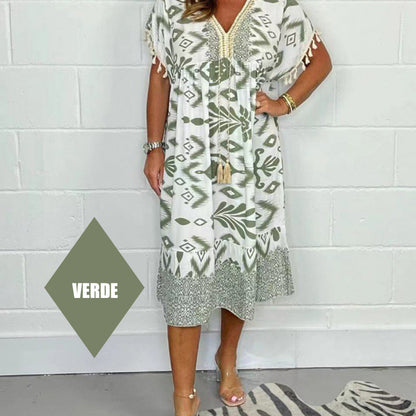 🏆🌸Letzter Tag 49 % RABATT✨Lose bedrucktes Kleid mit kurzen Ärmeln und Fransen im Boho-Stil