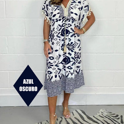 🏆🌸Letzter Tag 49 % RABATT✨Lose bedrucktes Kleid mit kurzen Ärmeln und Fransen im Boho-Stil