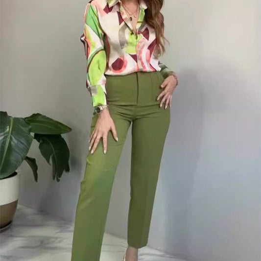 🌸2-teiliges Set aus bedrucktem Hemd und Hose mit Knöpfen für Damen