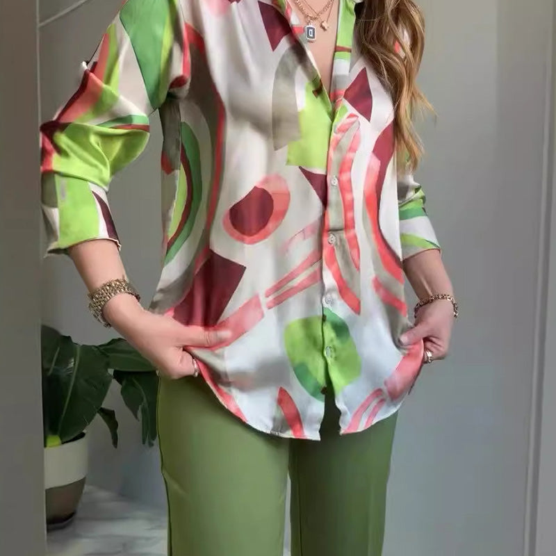 🌸2-teiliges Set aus bedrucktem Hemd und Hose mit Knöpfen für Damen
