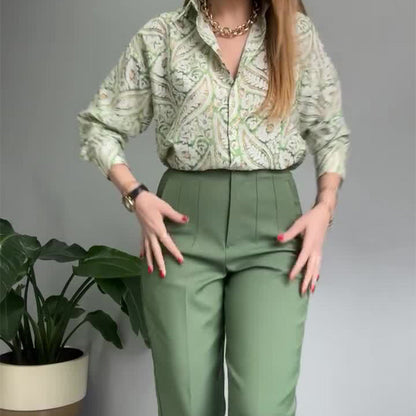 🌸2-teiliges Set aus bedrucktem Hemd und Hose mit Knöpfen für Damen