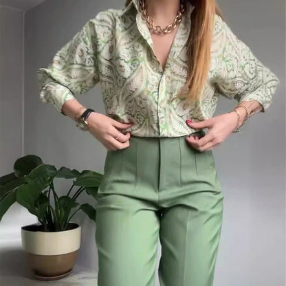 🌸2-teiliges Set aus bedrucktem Hemd und Hose mit Knöpfen für Damen