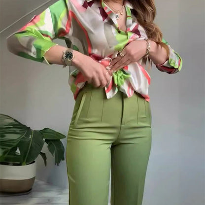 🌸2-teiliges Set aus bedrucktem Hemd und Hose mit Knöpfen für Damen
