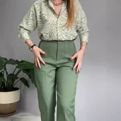 🌸2-teiliges Set aus bedrucktem Hemd und Hose mit Knöpfen für Damen