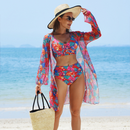 🏖️👙Modisches, mehrfarbig bedrucktes 3-teiliges Bikini-Badeanzug-Set für Damen