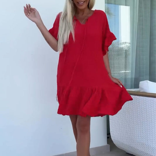 💕🔥Kurze Kleider für Damen mit Blumenbesatz und kurzen Ärmeln in Volltonfarbe