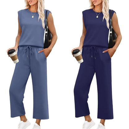 🌺2025 Neu eingetroffen - 49% OFF🌺2025 Neue Frauen Casual Cap Sleeve Top Wide Leg Crop Pants Zweiteilige Sets