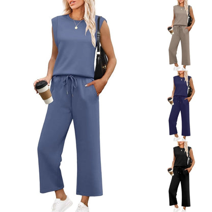 🌺2025 Neu eingetroffen - 49% OFF🌺2025 Neue Frauen Casual Cap Sleeve Top Wide Leg Crop Pants Zweiteilige Sets