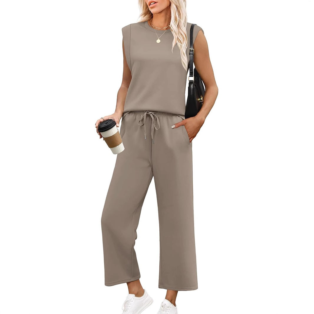 🌺2025 Neu eingetroffen - 49% OFF🌺2025 Neue Frauen Casual Cap Sleeve Top Wide Leg Crop Pants Zweiteilige Sets