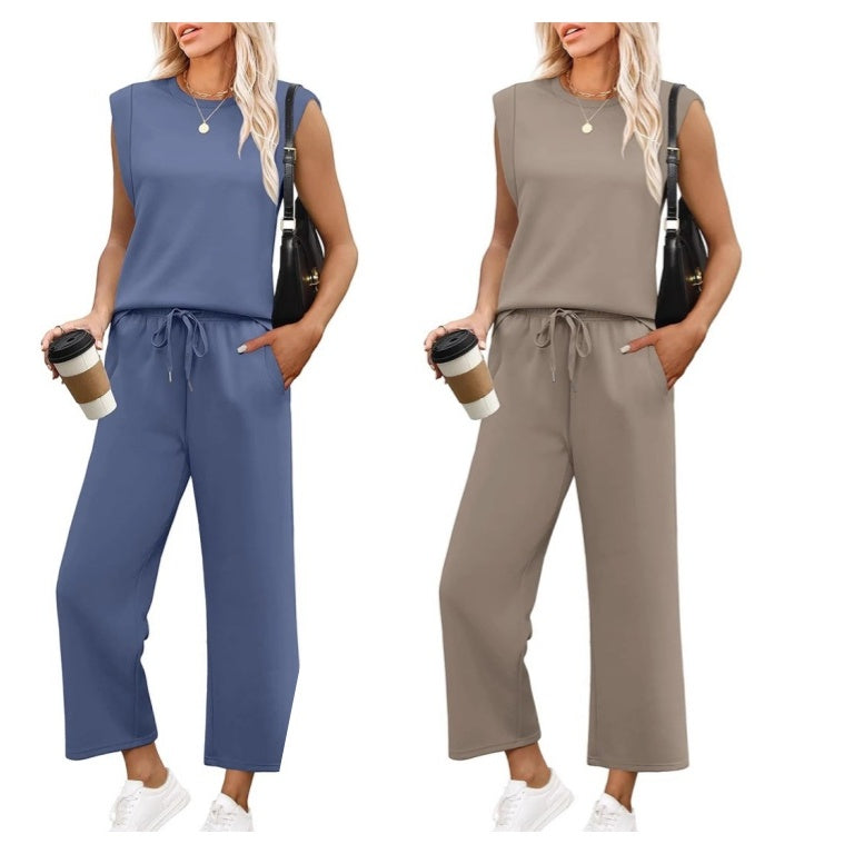🌺2025 Neu eingetroffen - 49% OFF🌺2025 Neue Frauen Casual Cap Sleeve Top Wide Leg Crop Pants Zweiteilige Sets