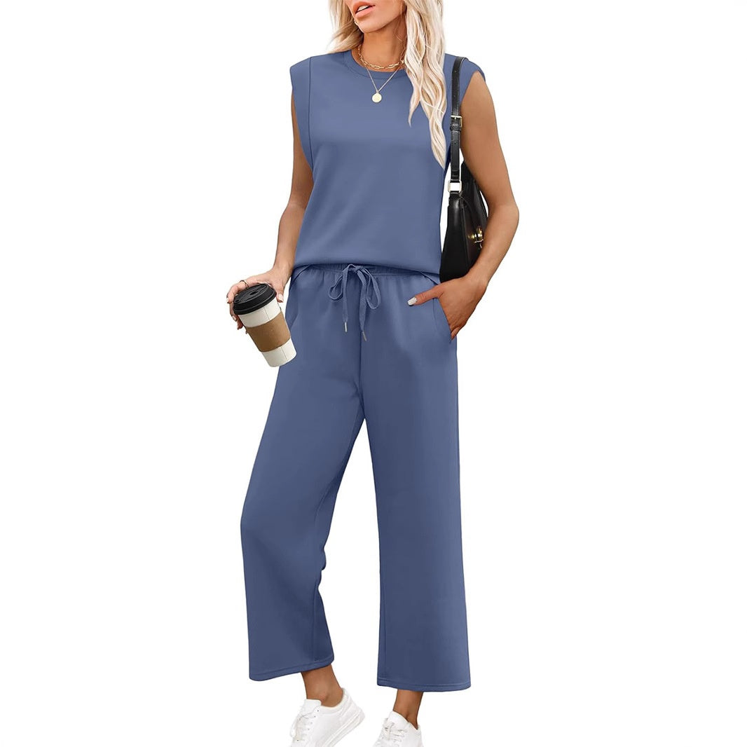 🌺2025 Neu eingetroffen - 49% OFF🌺2025 Neue Frauen Casual Cap Sleeve Top Wide Leg Crop Pants Zweiteilige Sets