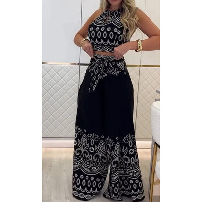 🌺2025 Neu eingetroffen - 50% OFF🌺Damen-Set mit Retro-Muster und ethnischem Neckholder-Oberteil mit ärmellosem Bein und Hose mit weitem Bein