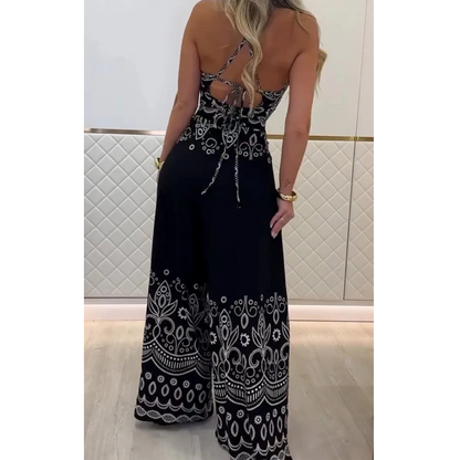 🌺2025 Neu eingetroffen - 50% OFF🌺Damen-Set mit Retro-Muster und ethnischem Neckholder-Oberteil mit ärmellosem Bein und Hose mit weitem Bein