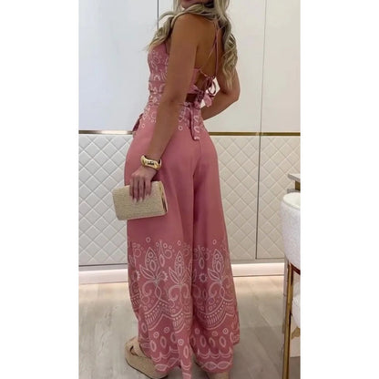 🌺2025 Neu eingetroffen - 50% OFF🌺Damen-Set mit Retro-Muster und ethnischem Neckholder-Oberteil mit ärmellosem Bein und Hose mit weitem Bein