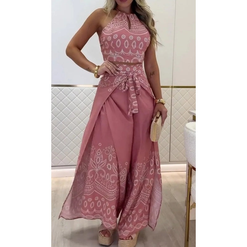 🌺2025 Neu eingetroffen - 50% OFF🌺Damen-Set mit Retro-Muster und ethnischem Neckholder-Oberteil mit ärmellosem Bein und Hose mit weitem Bein