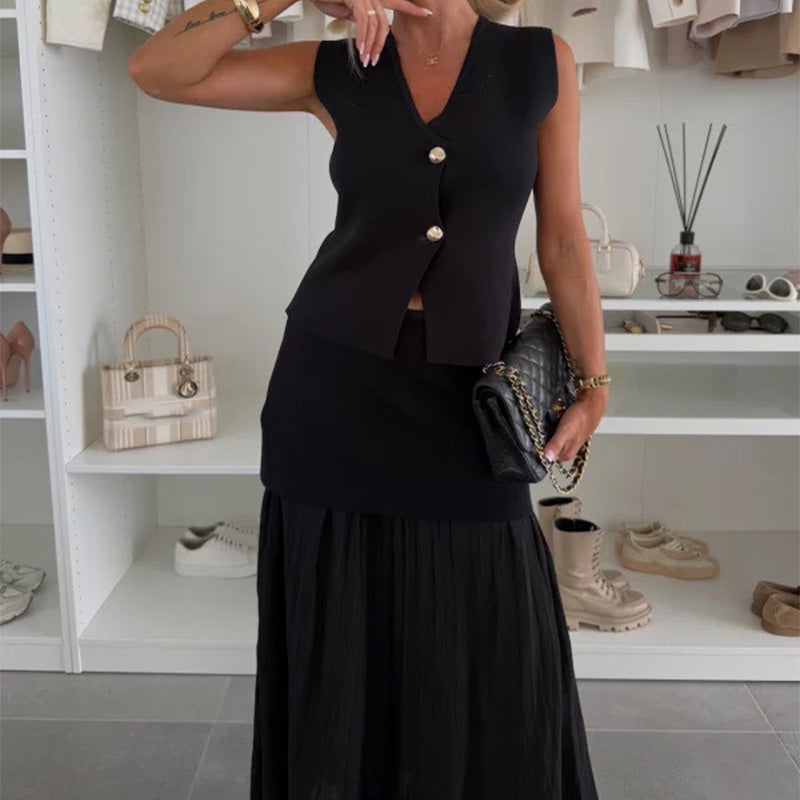 ✨2025 Sommerschlussverkauf✨💃Damen-Set aus Strickweste mit Goldknöpfen und Rock
