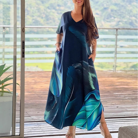 🌴Sommerspezialitäten🌴Lässige weite Kleider mit V-Ausschnitt und kurzen Ärmeln für Frauen(🔥55% Rabatt)