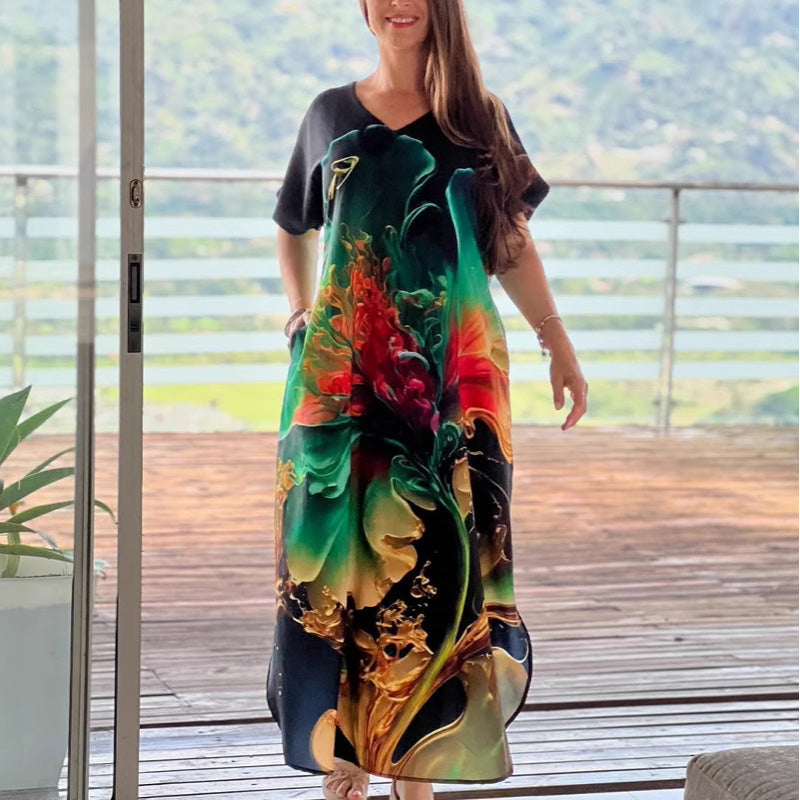 🌴Sommerspezialitäten🌴Lässige weite Kleider mit V-Ausschnitt und kurzen Ärmeln für Frauen(🔥55% Rabatt)