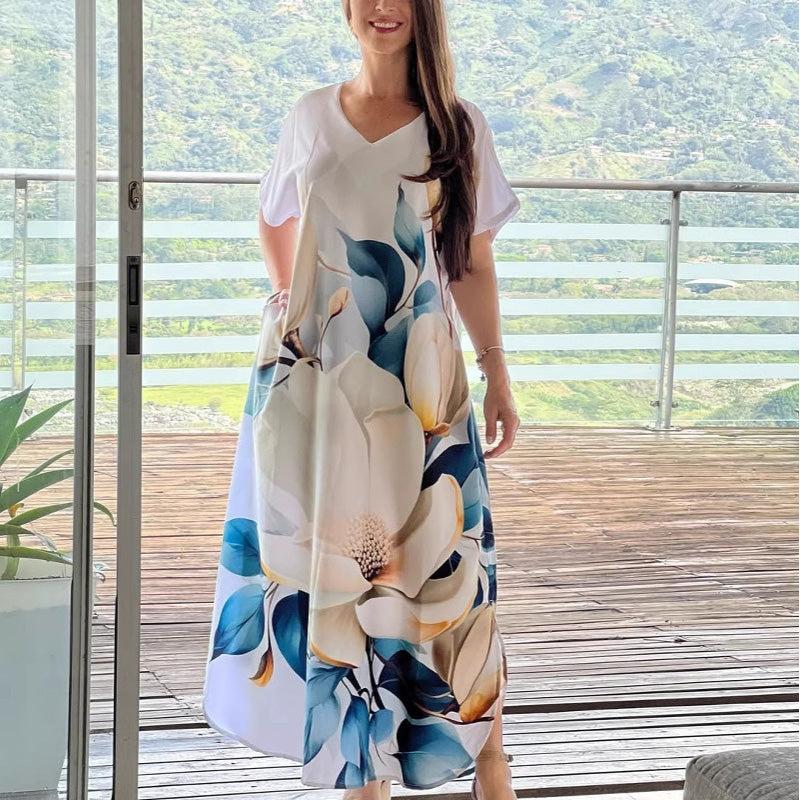 🌴Sommerspezialitäten🌴Lässige weite Kleider mit V-Ausschnitt und kurzen Ärmeln für Frauen(🔥55% Rabatt)