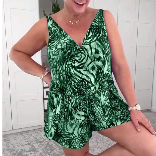 🔥Sommer Hot Sale 50%OFF🩱🏖️Ärmelloser Badeanzug mit V-Ausschnitt und Print