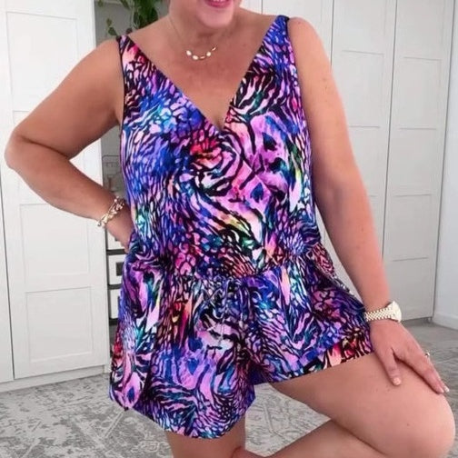 🔥Sommer Hot Sale 50%OFF🩱🏖️Ärmelloser Badeanzug mit V-Ausschnitt und Print