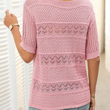 🏆Bis zu 49 % Rabatt!🌷Damen Kurzarm-Rundhalspullover mit Lochstrick und Häkeloptik