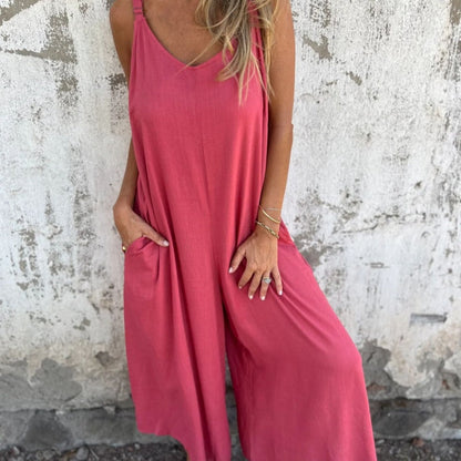 💧Lässiger Damen-Jumpsuit aus Baumwoll-Leinen-Mix mit Taschen und verstellbaren Trägern in lockerer Passform