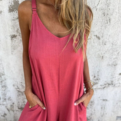 💧Lässiger Damen-Jumpsuit aus Baumwoll-Leinen-Mix mit Taschen und verstellbaren Trägern in lockerer Passform