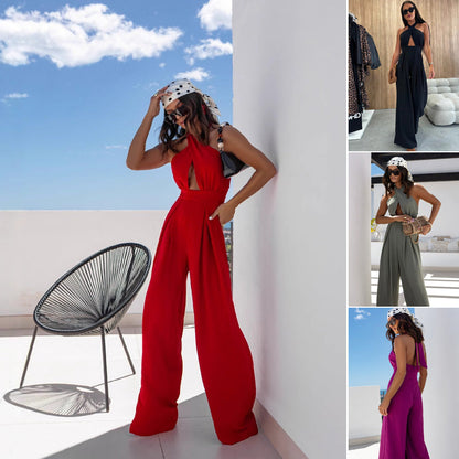Women's Fashion Sexy Halter Sleeveless Backless Wide Leg Jumpsuit