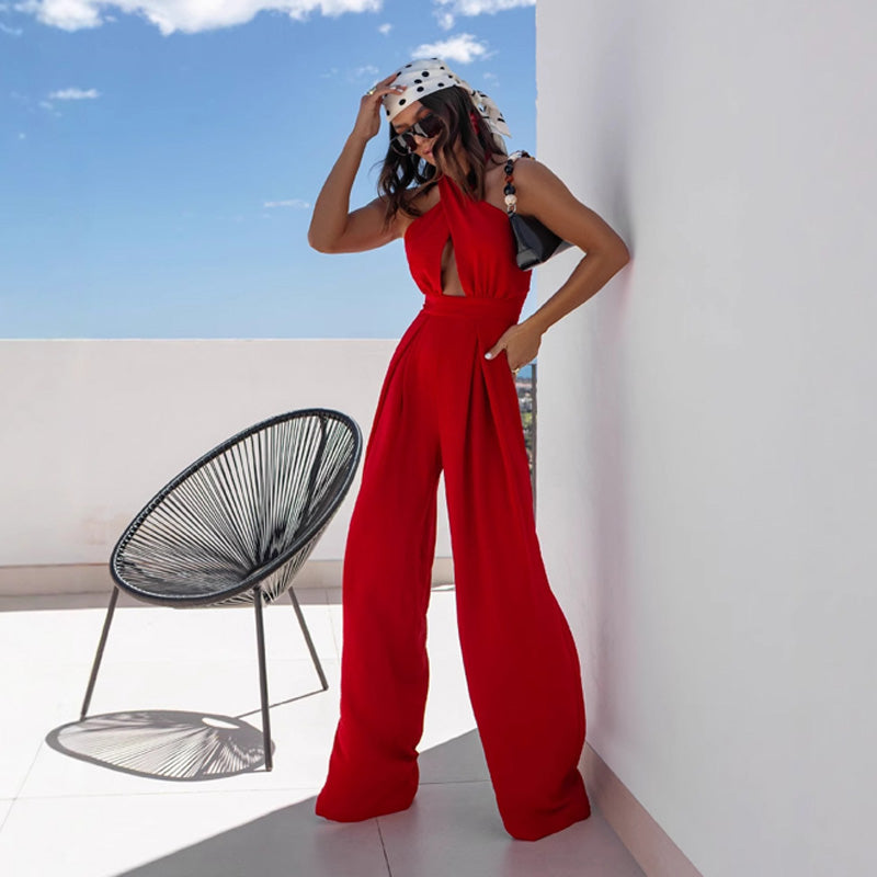 Women's Fashion Sexy Halter Sleeveless Backless Wide Leg Jumpsuit