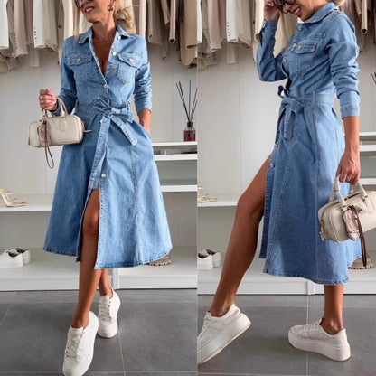 🔥 LAST DAY SALE 49% RABATT🔥👗Damen-Jeanskleid mit Knopfleiste und langen Ärmeln