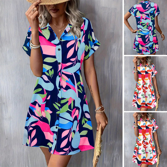 🌸SOMMERANGEBOT - 50% RABATT🌸Modisches Kurzarm-Hemdblusenkleid für Damen mit Print und Knopfleiste