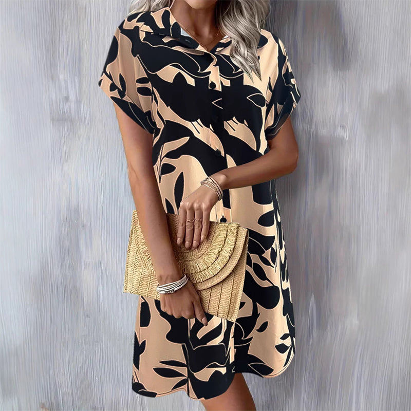 🌸SOMMERANGEBOT - 50% RABATT🌸Modisches Kurzarm-Hemdblusenkleid für Damen mit Print und Knopfleiste